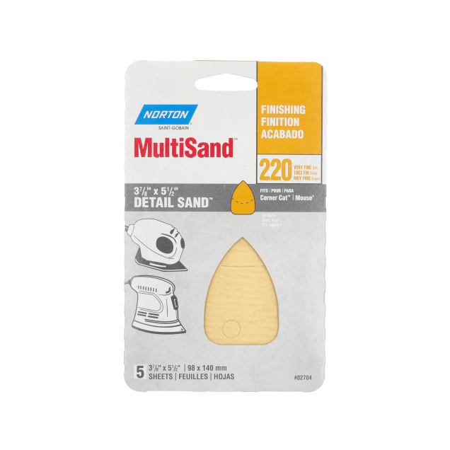 Norton Hook & Loop Detail Sanding Sheets - For Corner - 3_7-8 x 5_1-2 - P220 - Packaged