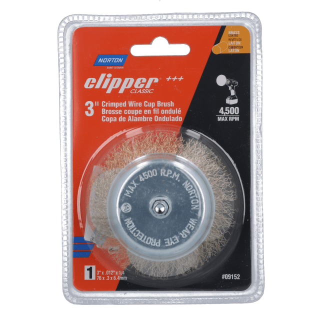 Norton Clipper Classic Crimped Wire Cup Brush - 3" - Brass - Packaged
