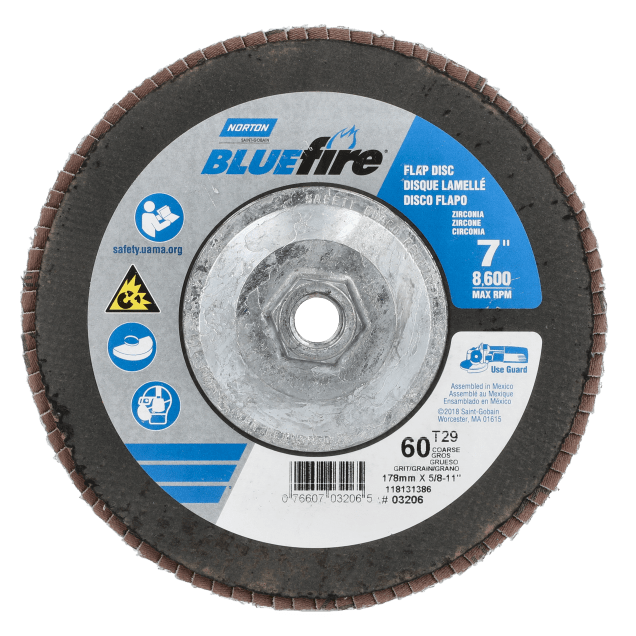 Norton BlueFire Zirconia Alumina Flap Disc - Type 29 - 7 x 5/8-11