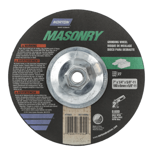 Norton Masonry Depressed Center Wheel - Type 27 - 7 x1 4 x 5 8 -11 - T27 - for Cutting / Grinding