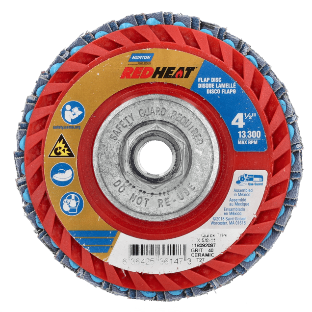 Norton Red Heat R961 Ceramic Alumina/Zirconia Alumina Flap Disc - Type 27 Flat Quick-Trim Plastic Back