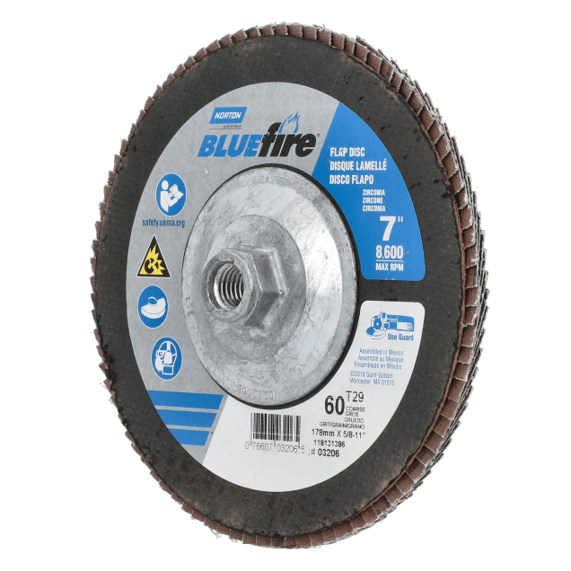 Norton BlueFire Zirconia Alumina Flap Disc - Type 29 - 7 x 5/8-11