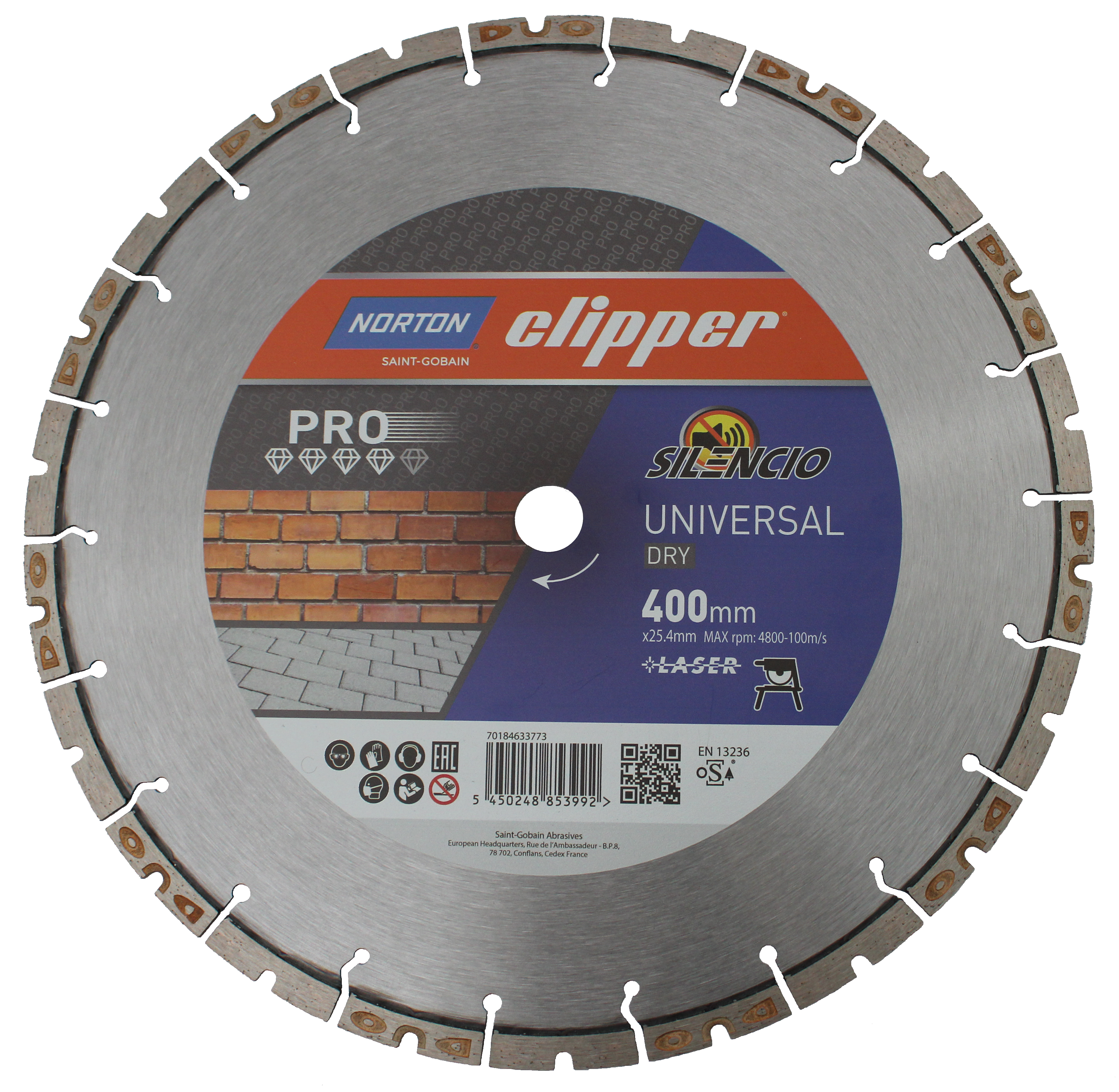 Norton Clipper Pro Universal Silencio diamond blade 400 mm for dry cutting, designed for quieter and precise masonry work.