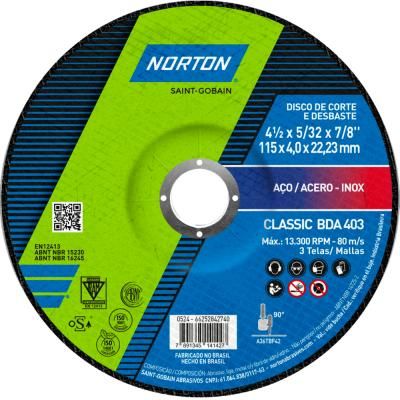 66252842740 - DISCO DE DESBASTE NORTON CLASSIC BDA 403 - 115 x 4_0 x 22_23 - 0524 (ANG 1)
