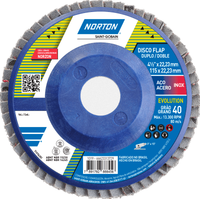 66623313729 - FLAP DISC NORTON - AMARELO EVOLUTION - GRAO 40 - 115 X 22,23 MM - 1019 (ANG 2)