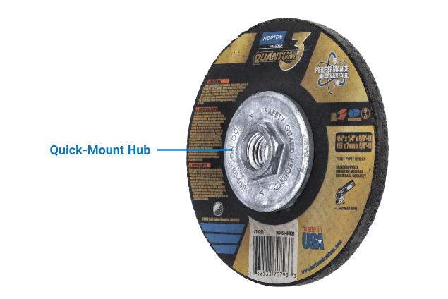 Pointing out a quick-mount hub on a Norton Quantum3 grinding wheel