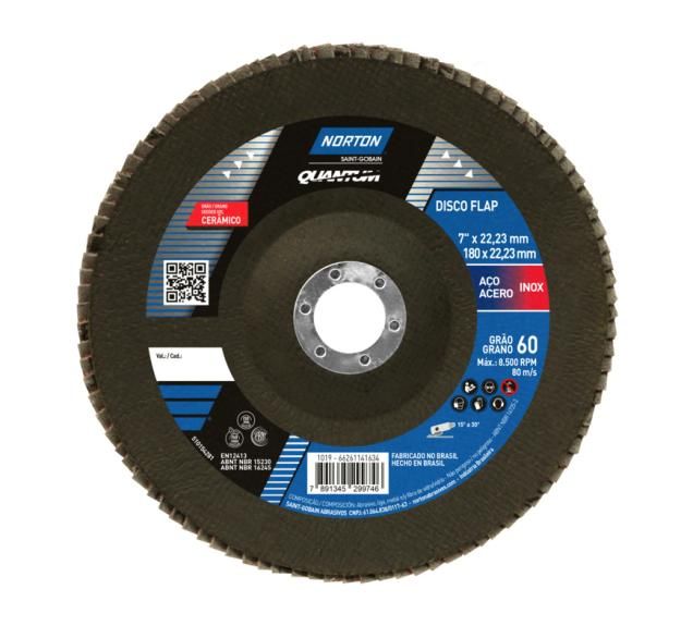 66261141634 - FLAP DISC NORTON - QUANTUM - GRAO 60 - 180 X 22,23 MM - 1019 (ANG 1)