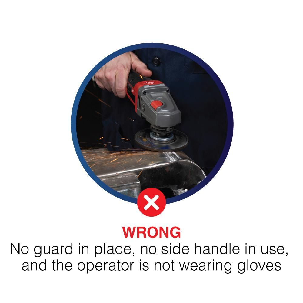 Unsafe operation of an angle grinder with no guard in place, no side handle in use, and the operator is not wearing gloves