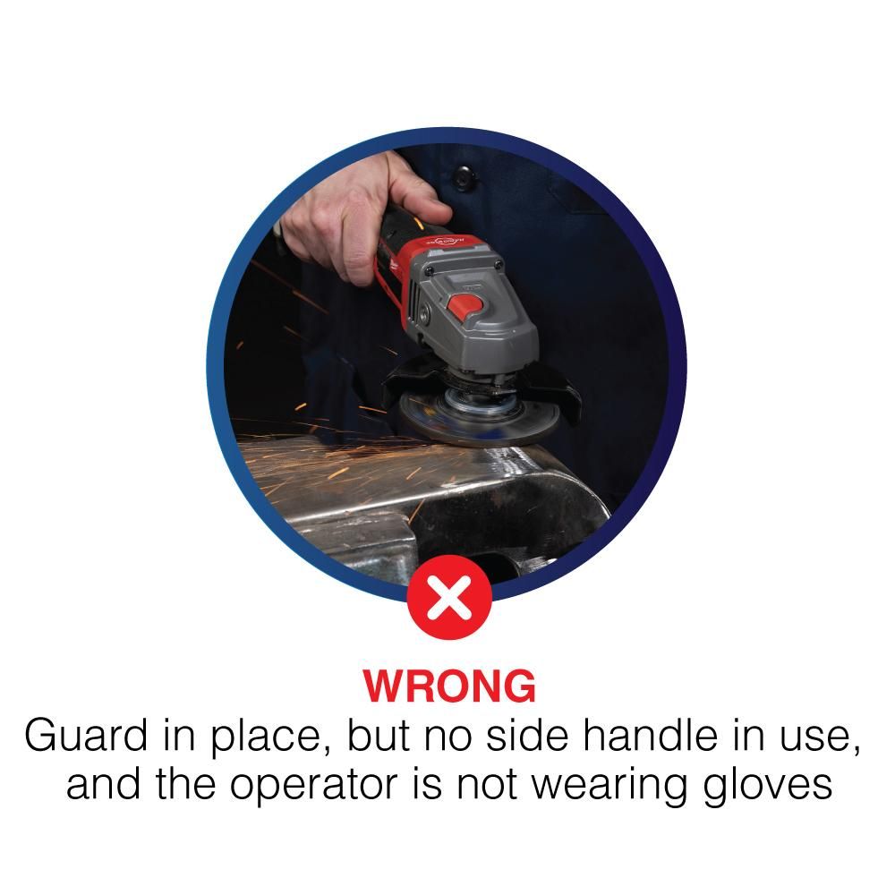 Unsafe operation of an angle grinder - while the guard is in place, there is no side handle in use and the operator is not wearing gloves