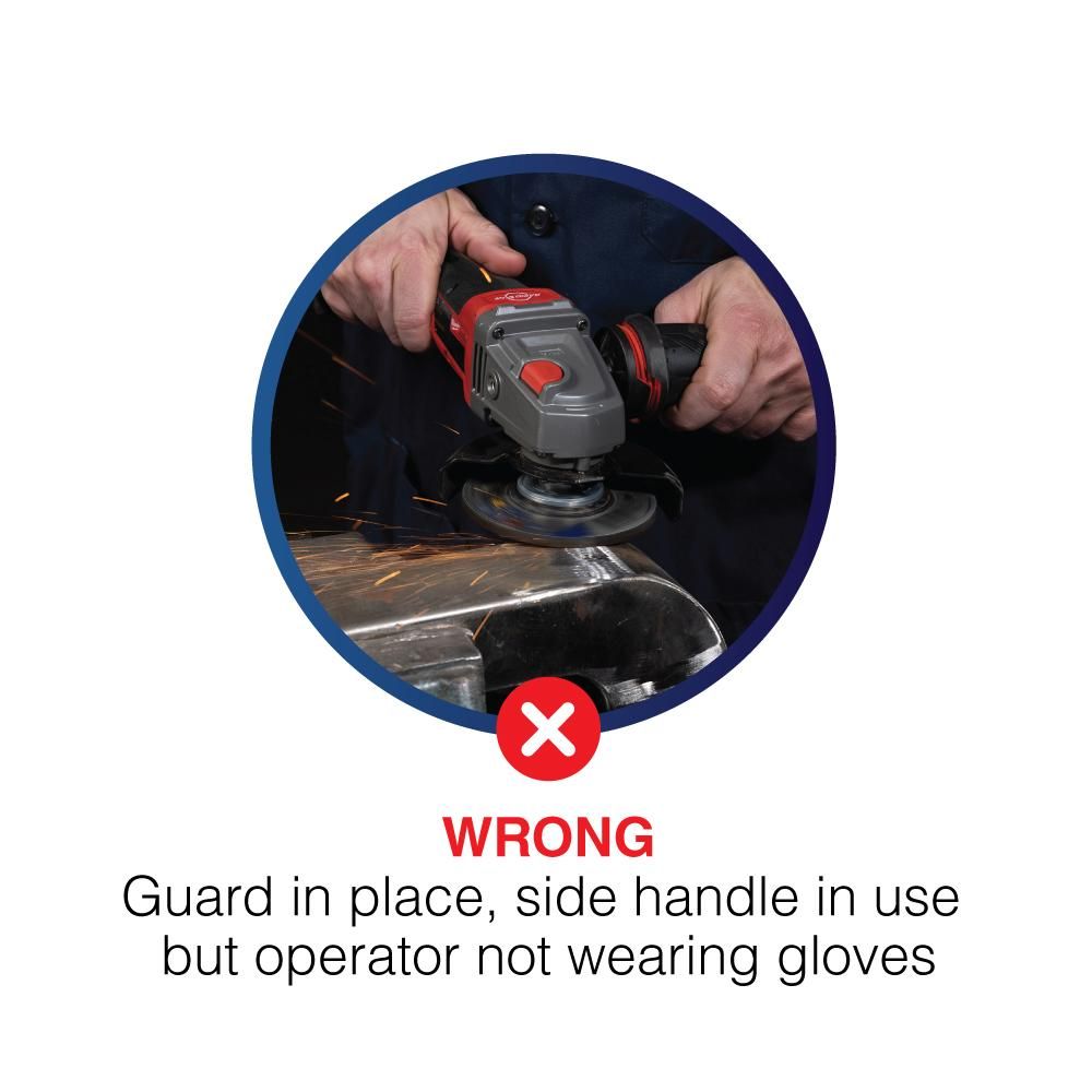Unsafe operation of an angle grinder as the operator is not wearing gloves