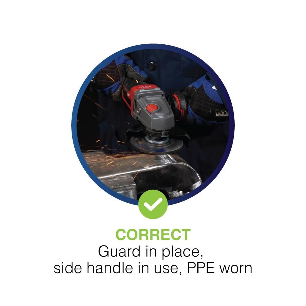 Safe operation of an angle grinder with guard in place, side handle in use, and PPE worn